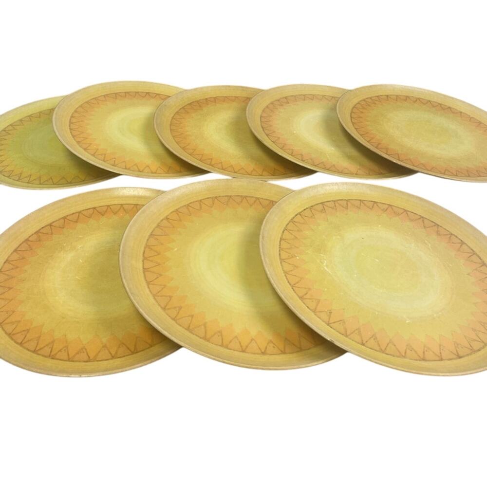 8 Vintage 1970s Lenox Ware Plastic Orange Gold Triangle Pattern Dinner Plates